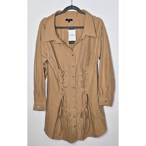 Privy Forever 21 NEW‎ Y2K Tan Western Shirt Dress Long Sleeve Corset Detail M